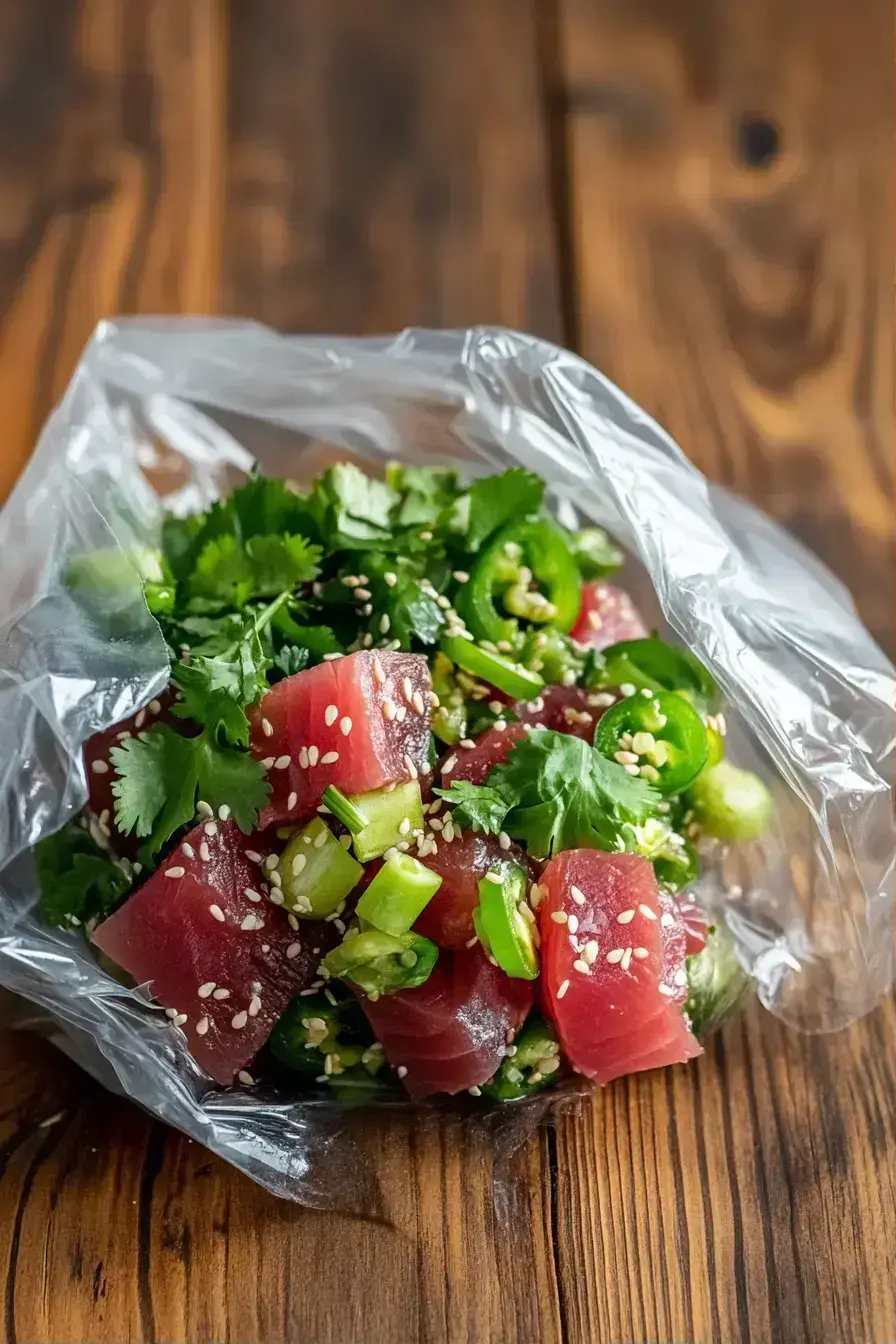 Scooping the finished spicy ahi tuna bowl with sesame onto a plate