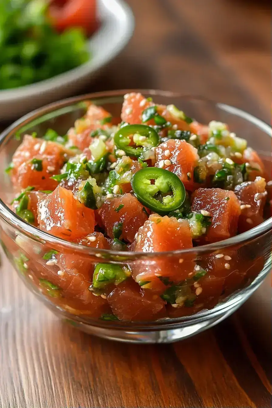 Beautifully arranged jalapeño poke bowl with fresh toppings and sides