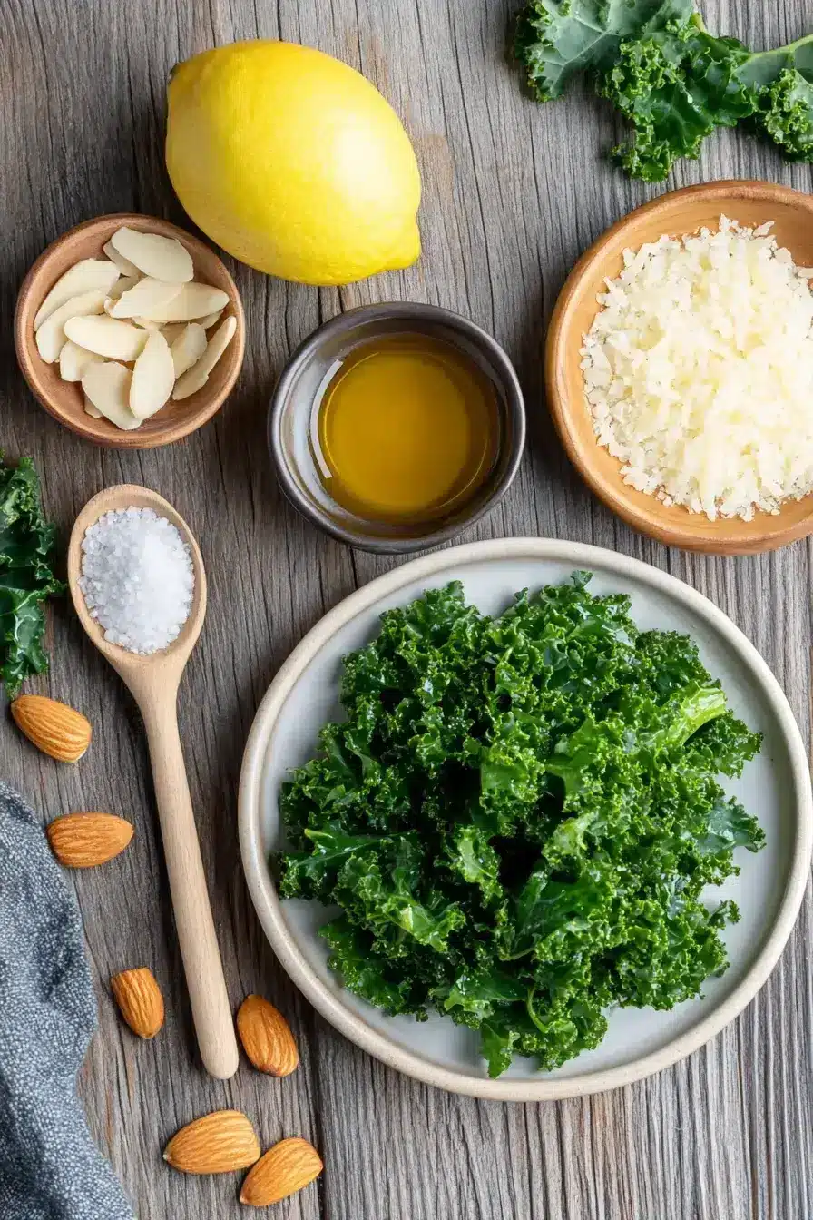 Fresh ingredients for making a kale salad recipe laid out on a wooden table