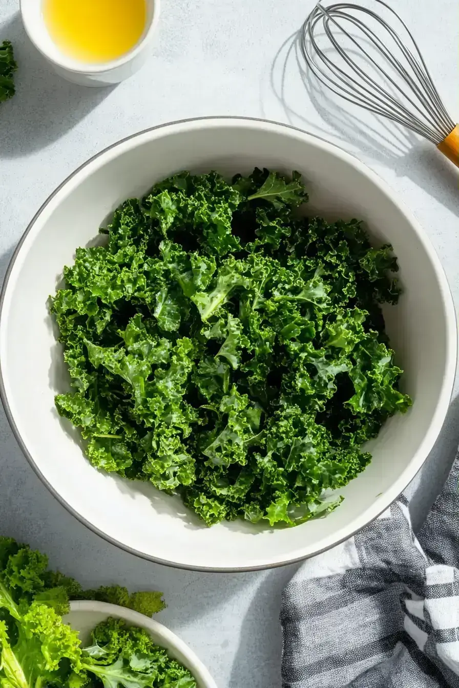 Hands massaging fresh kale leaves with lemon dressing in a bowl
