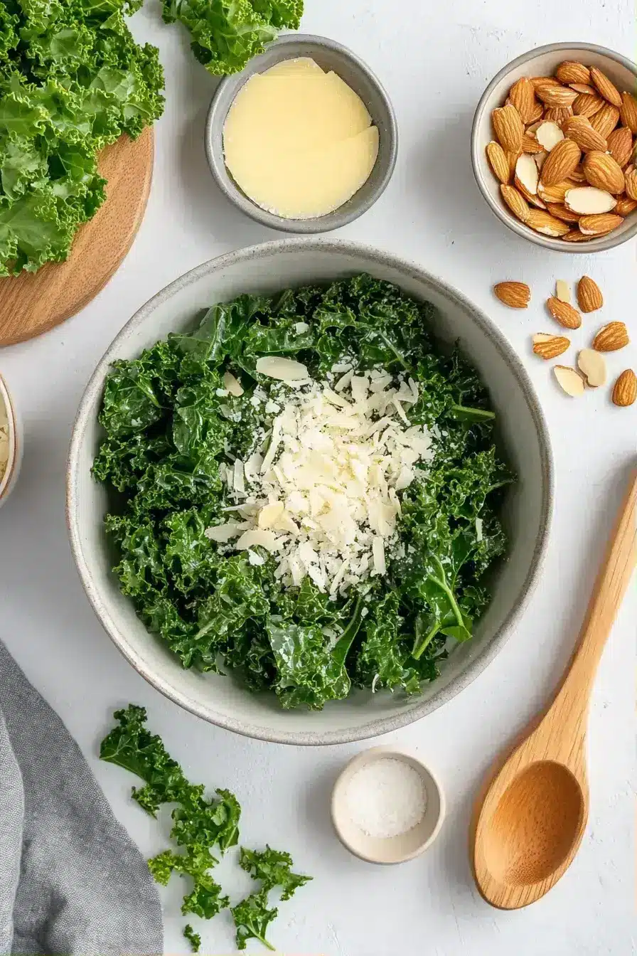 Finished kale salad recipe beautifully plated and ready to serve