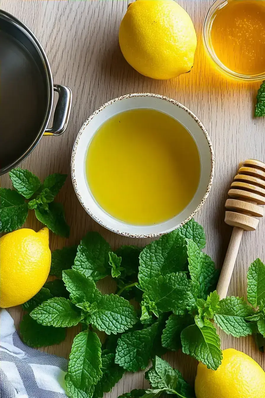 Fresh lemon balm leaves, honey, and lemon ready for making tea