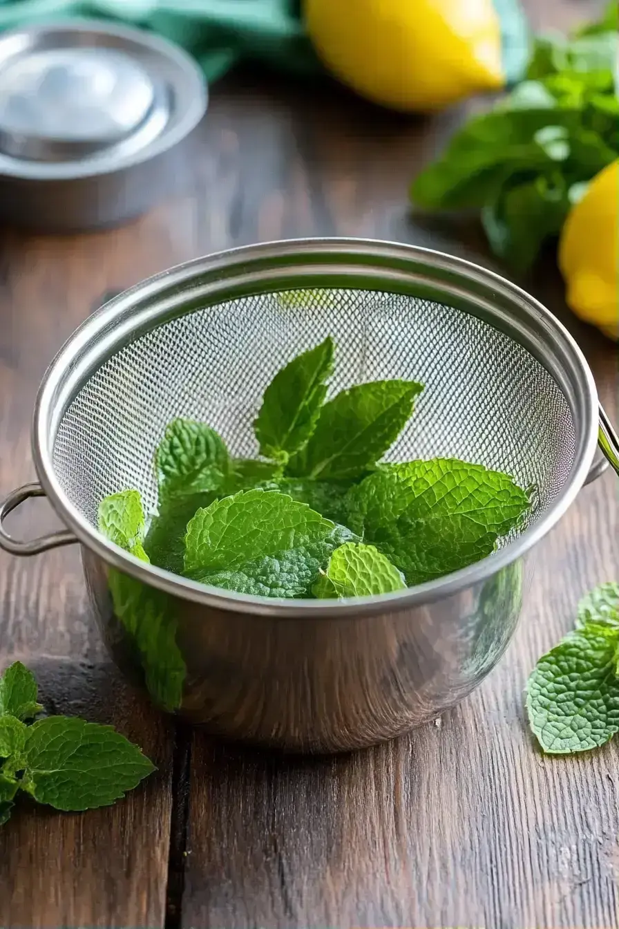 Finished lemon balm tea served in a glass with ice and lemon slice