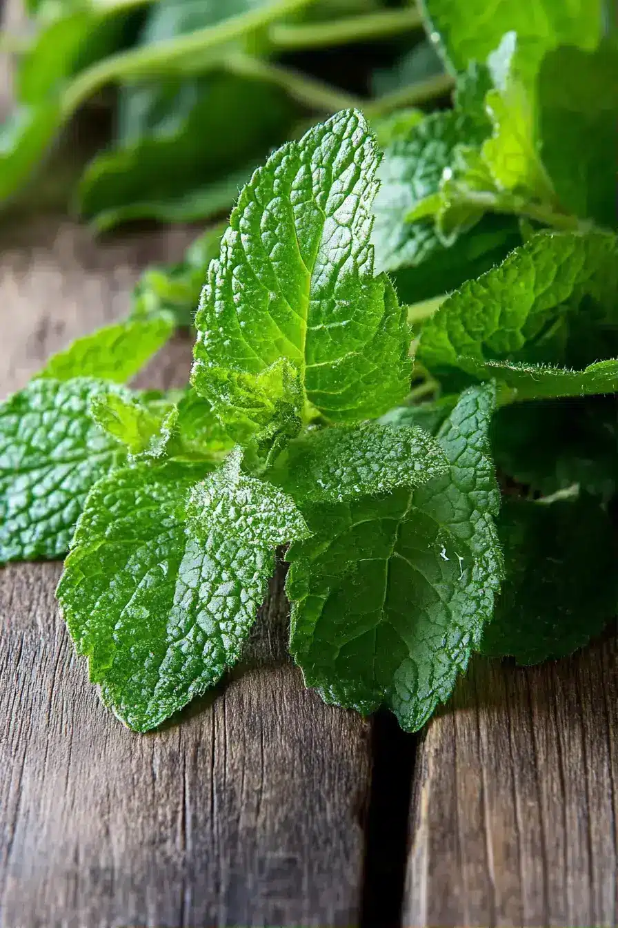 Lemon balm tea served on a wooden tray with fresh herbs and honey dipper