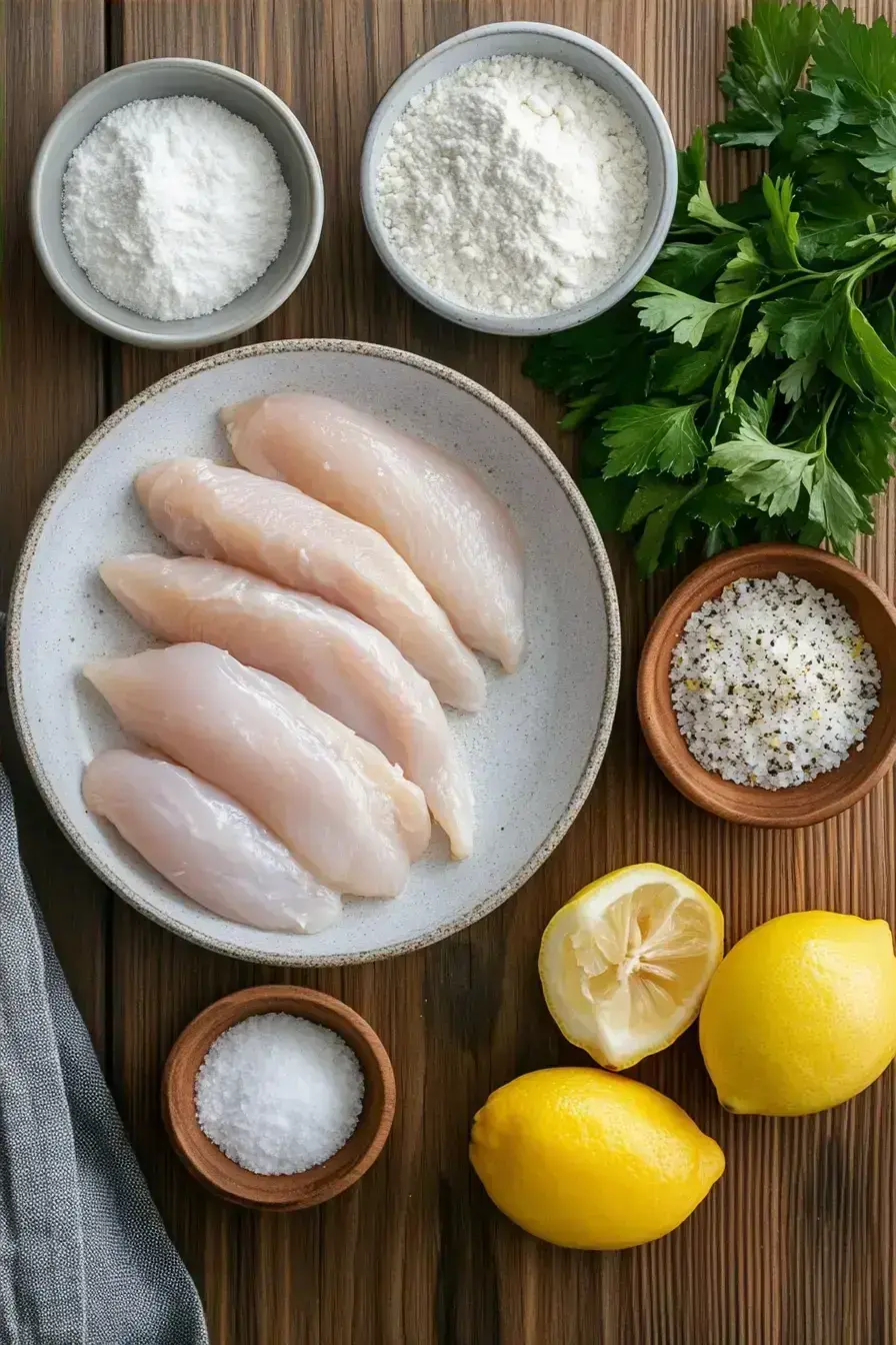 Fresh Lemon Chicken ingredients laid out on a rustic kitchen counter