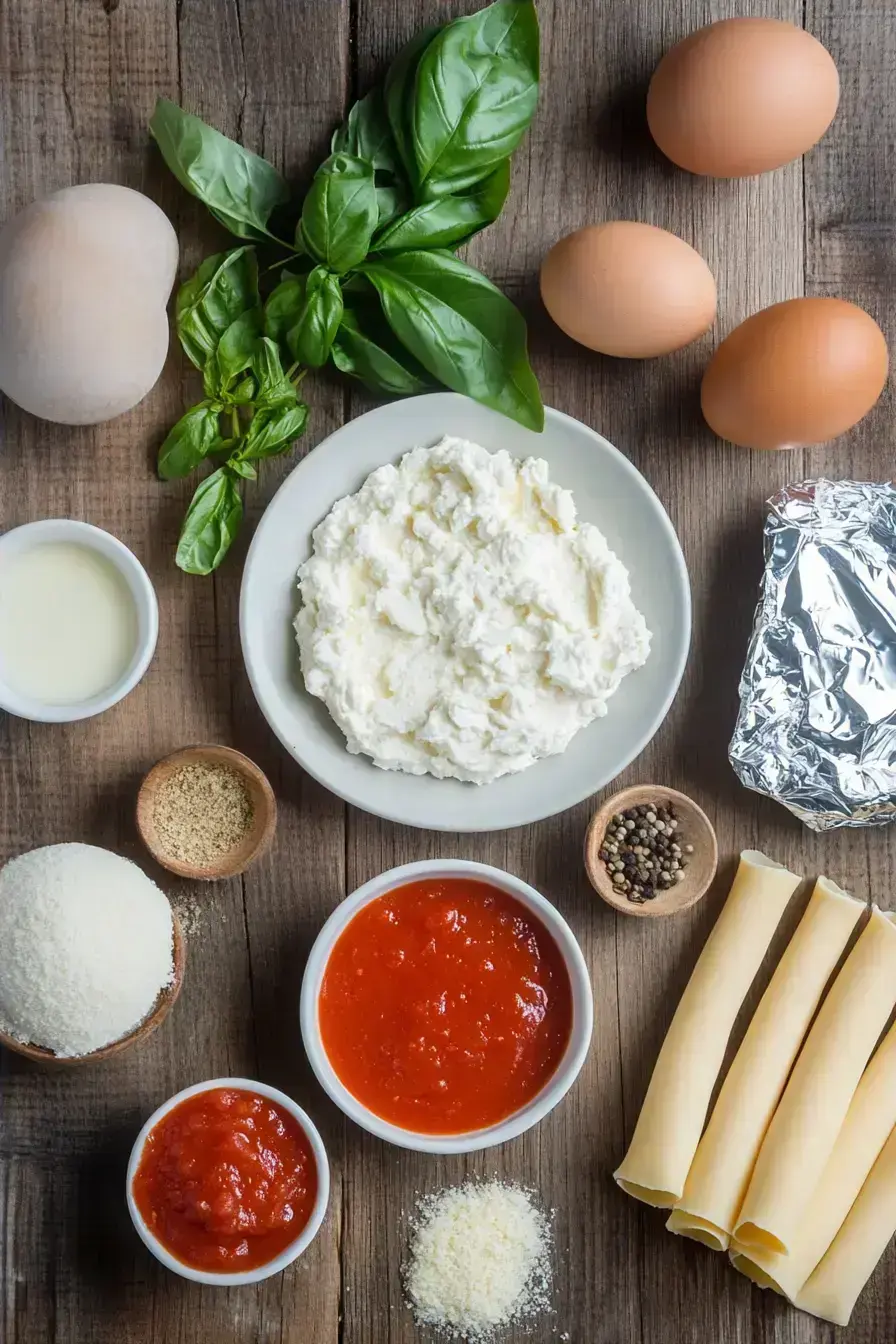 Ingredients for a homemade manicotti recipe laid out on a kitchen counter
