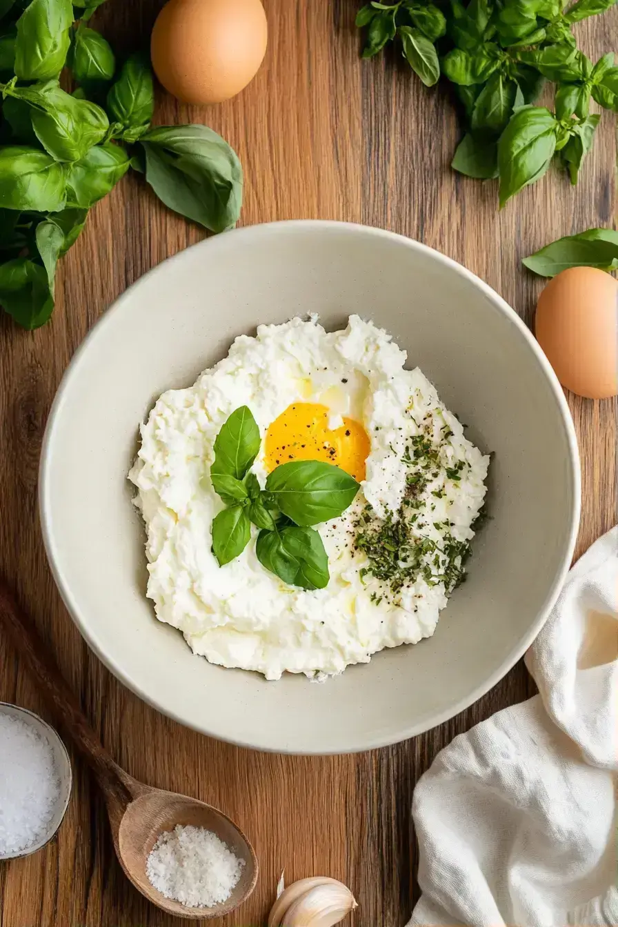 Mixing herbed ricotta and cheese filling for manicotti in a bowl