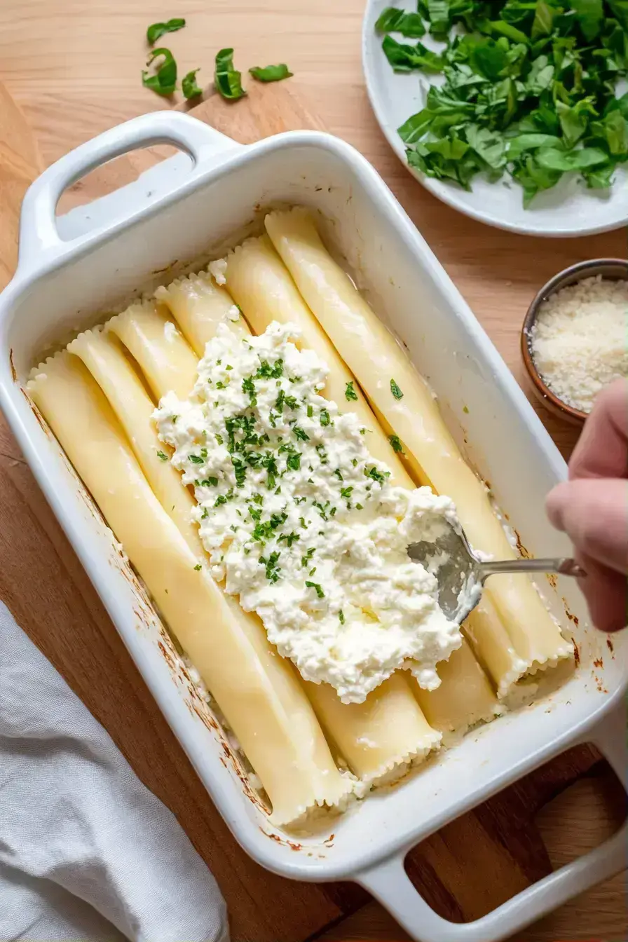 Assembling stuffed manicotti shells in a baking dish with marinara sauce