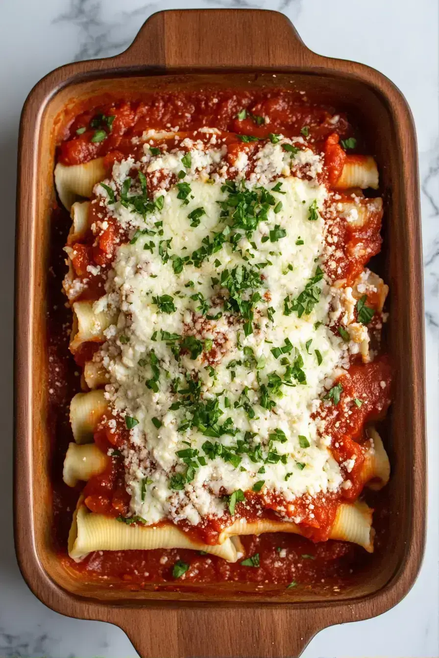 Final baked manicotti dish with melted cheese and fresh herbs
