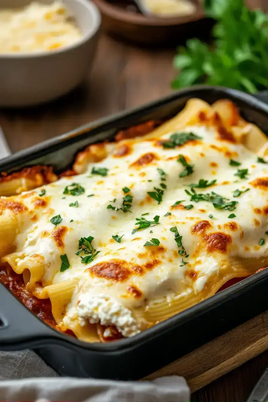 Beautifully plated manicotti served with fresh salad and garlic bread