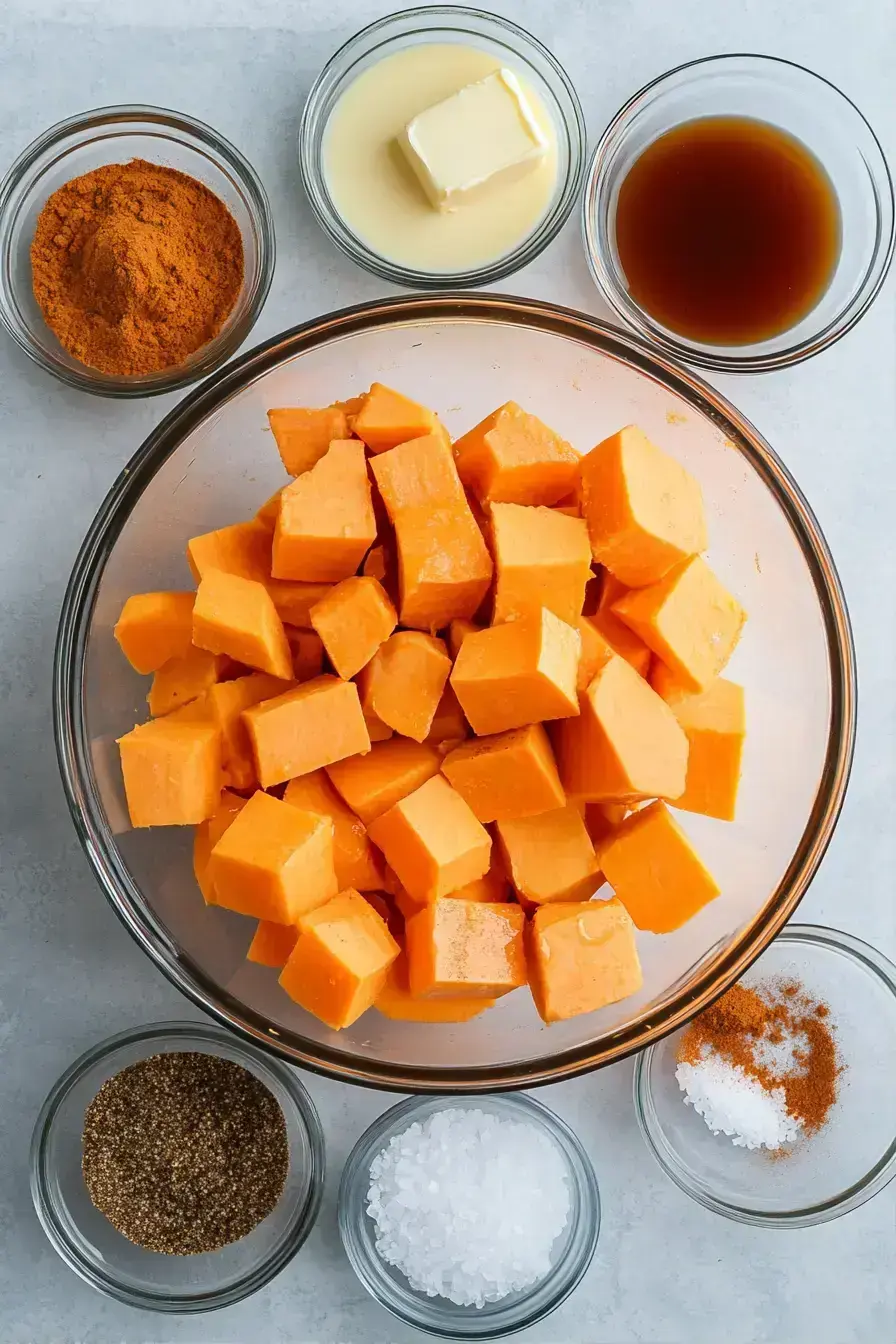 Sweet potatoes being tossed with maple syrup and spices