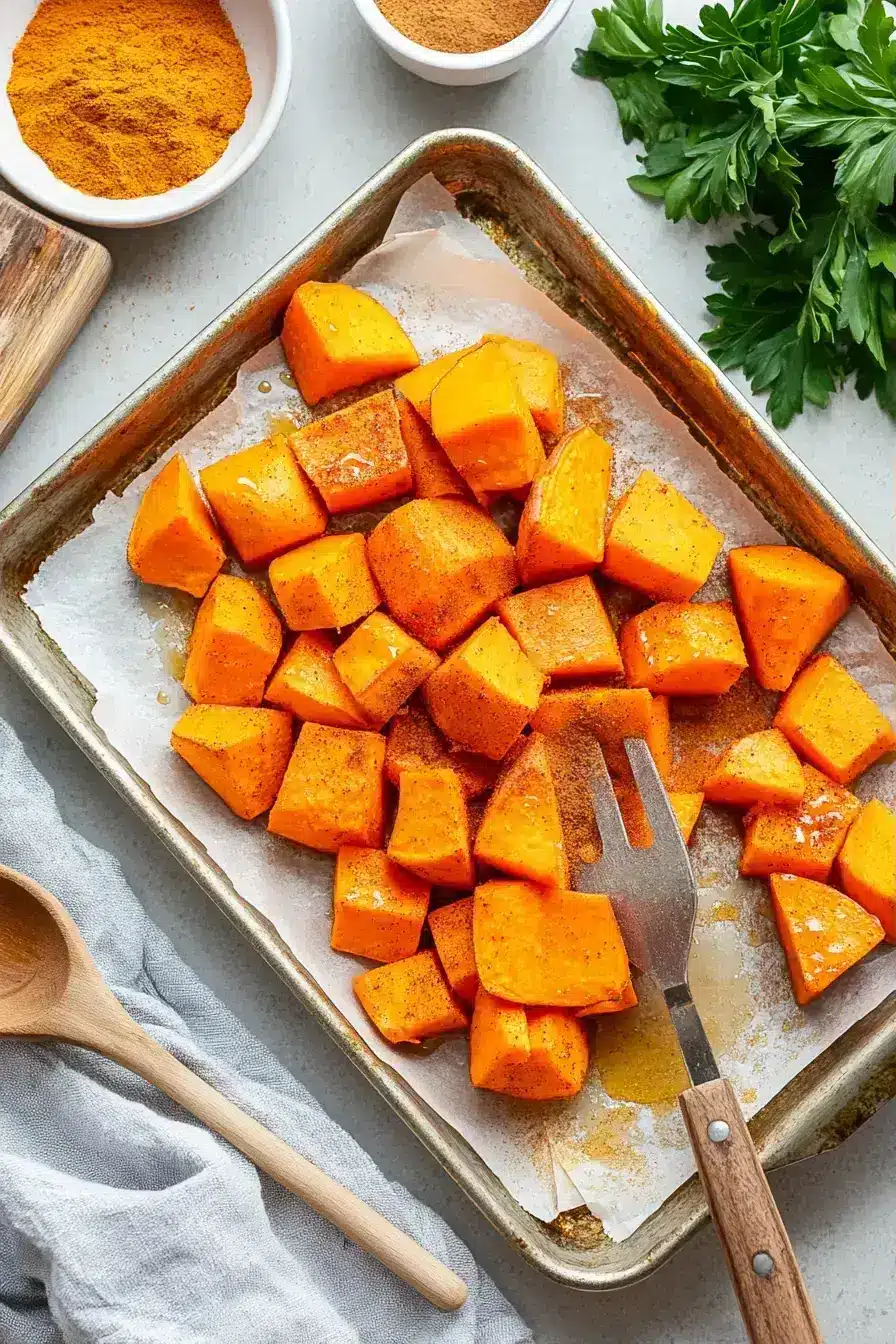 Adding pecans to roasted sweet potatoes