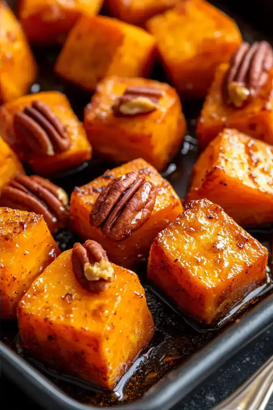 Maple Pecan Roasted Sweet Potatoes ready to serve