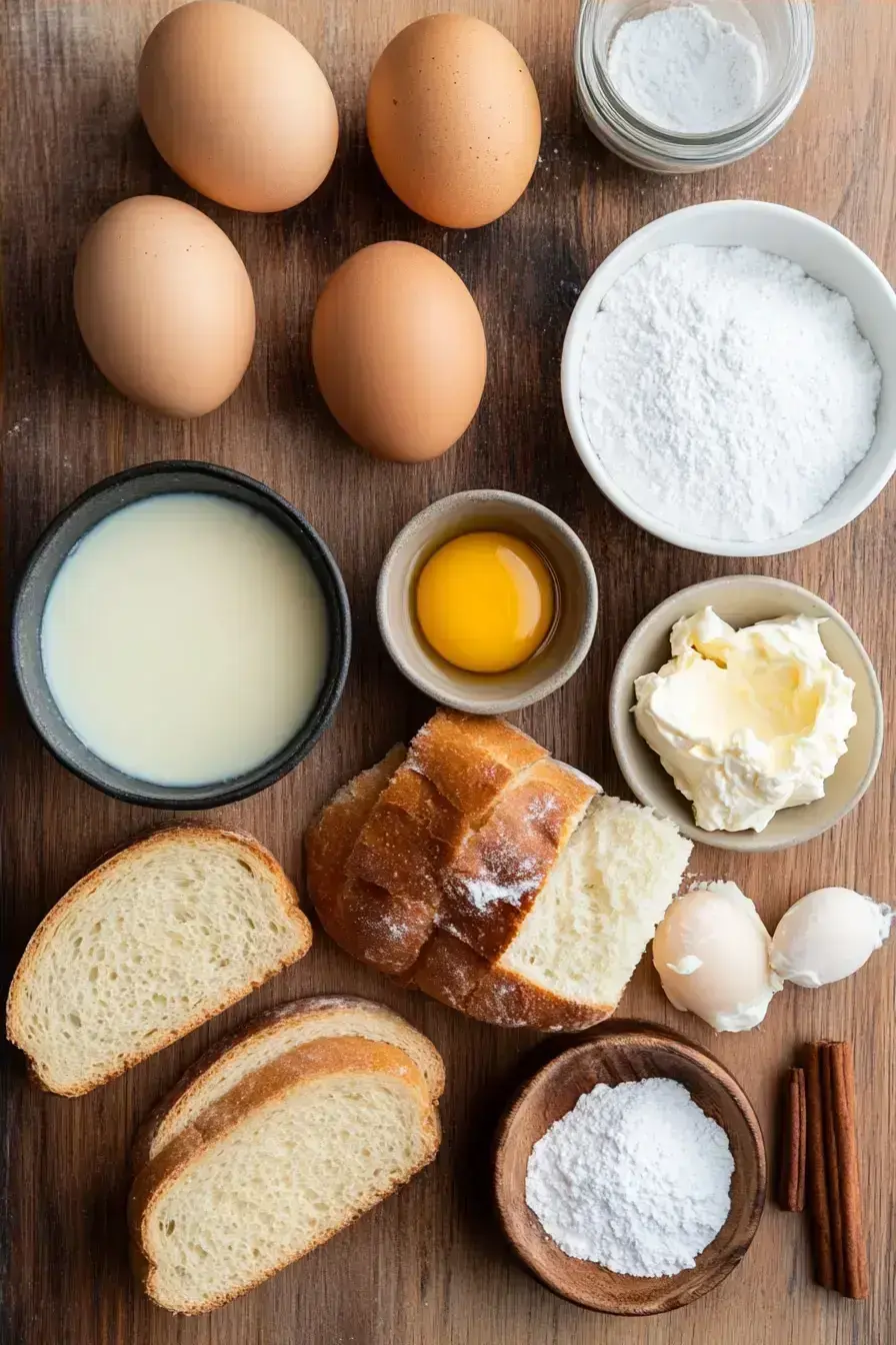 All ingredients for the Mascarpone Stuffed French Toast recipe laid out