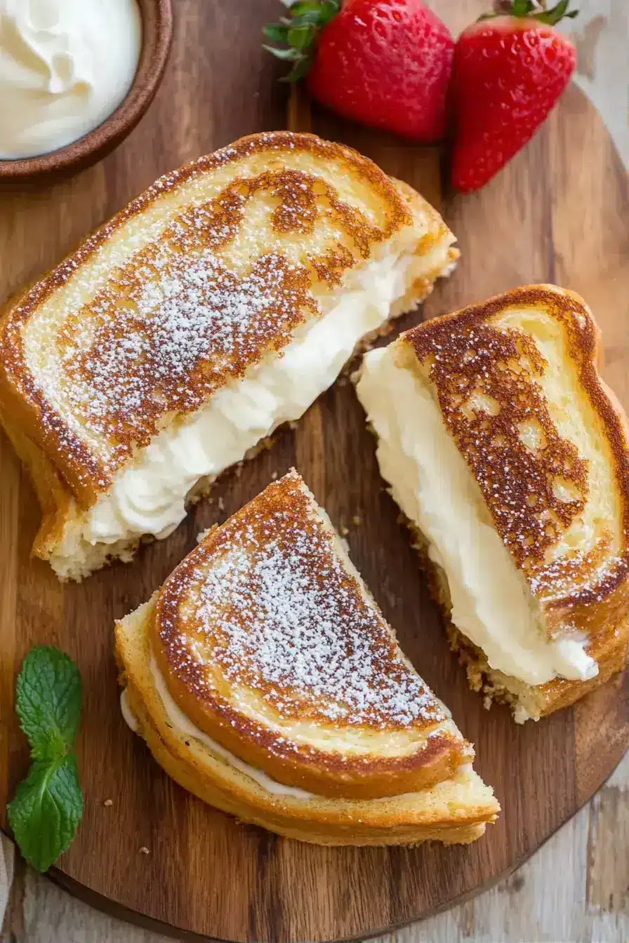 Beautifully plated Mascarpone Stuffed French Toast with berry compote and mint garnish