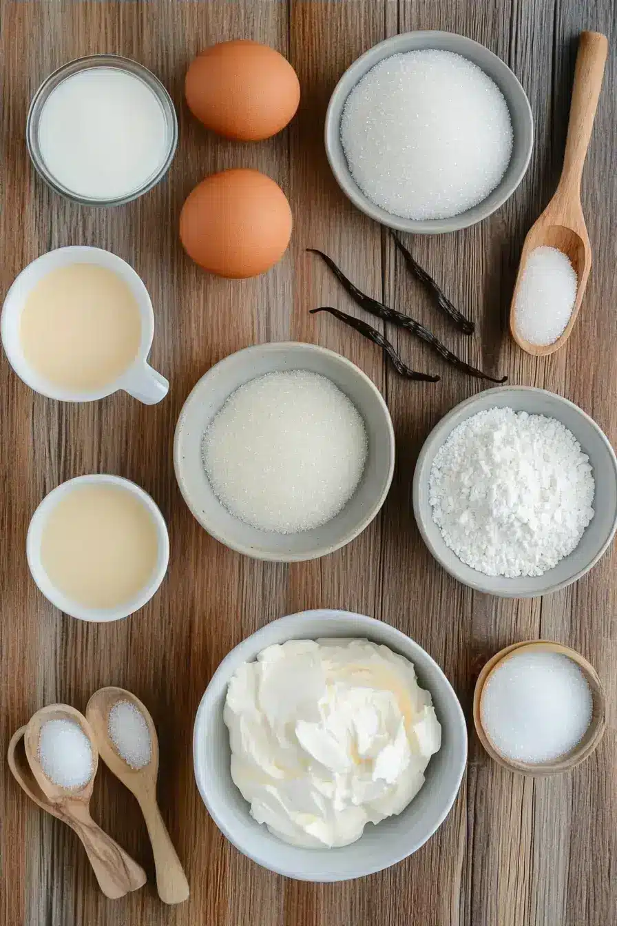 Ingredients for mascarpone whipped cream on a rustic table