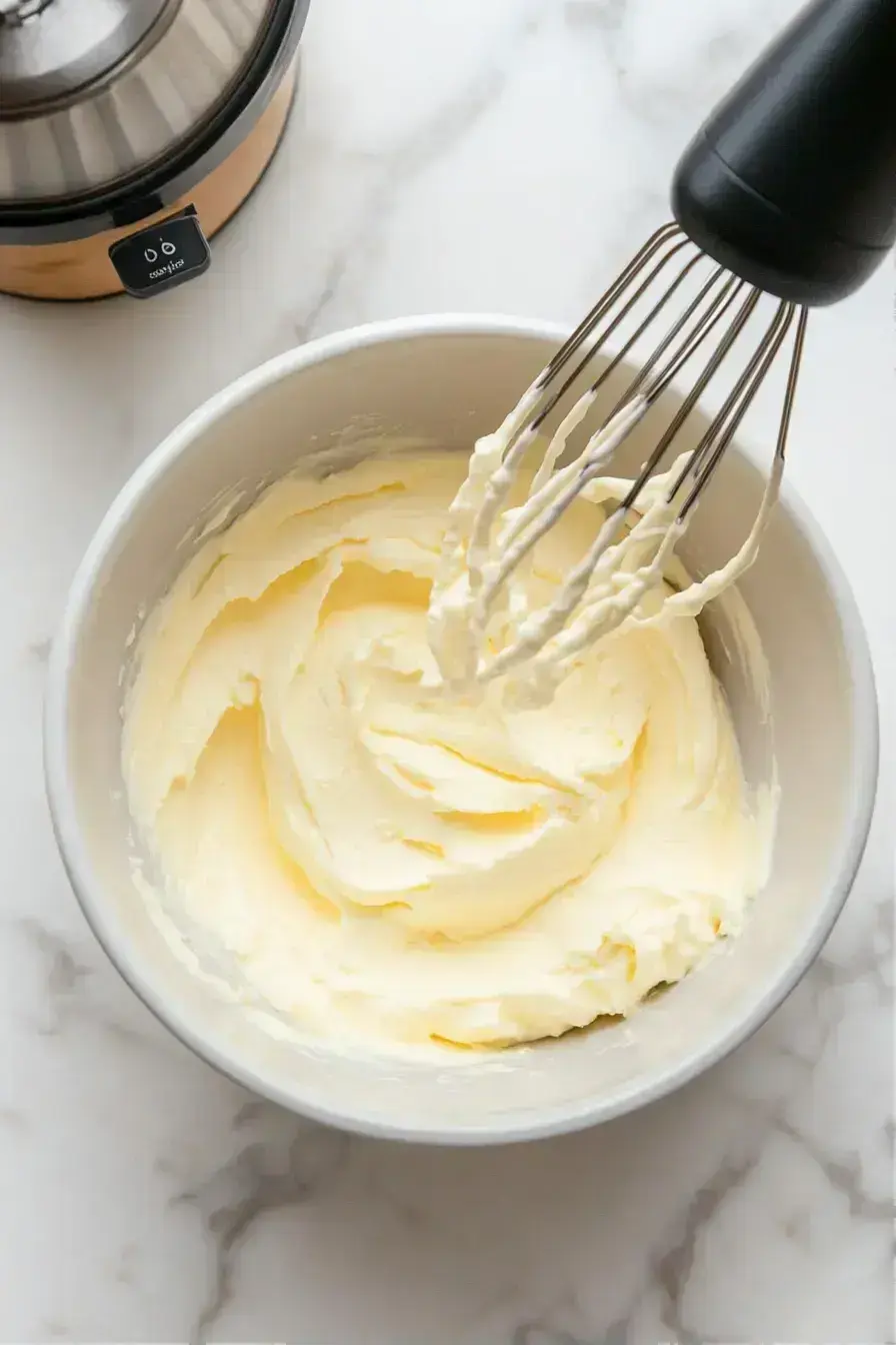 Checking the perfect stiff peak texture of mascarpone whipped cream