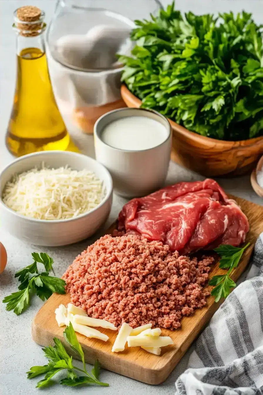 All the fresh ingredients laid out for making homemade Meatballs