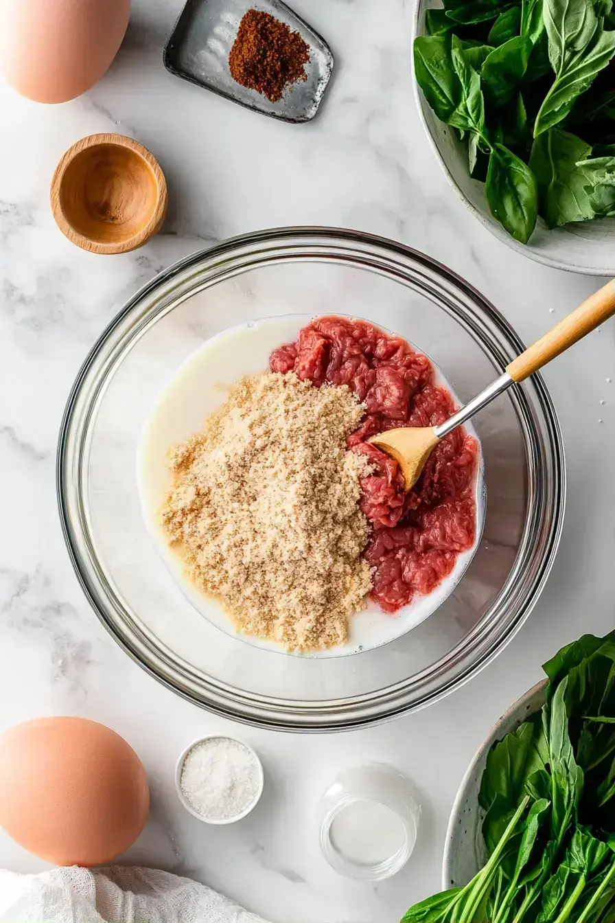 Mixing the herb-infused Parmesan meat mixture for the Meatballs