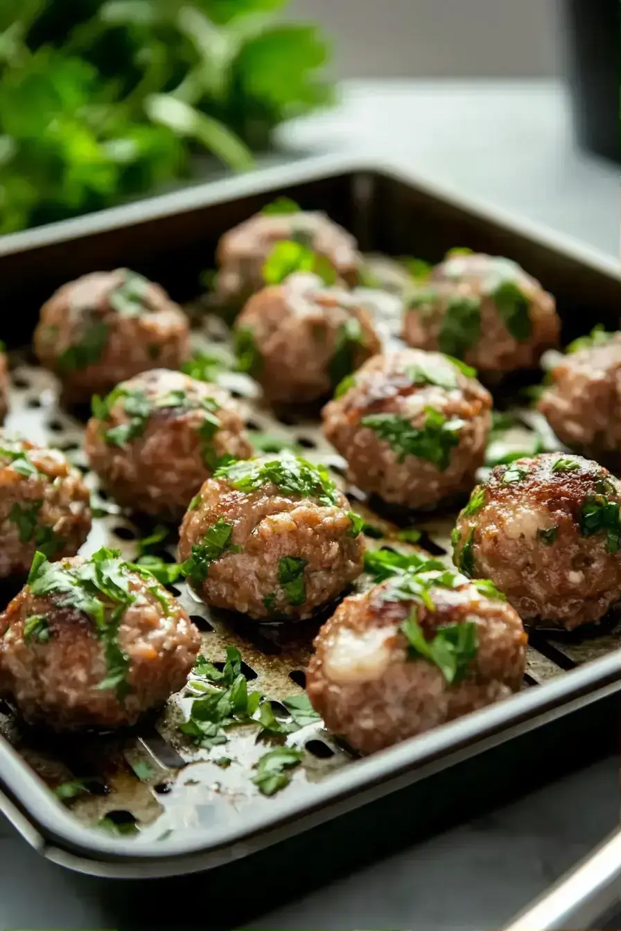 A beautiful platter of finished baked Meatballs Parmesan ready to eat