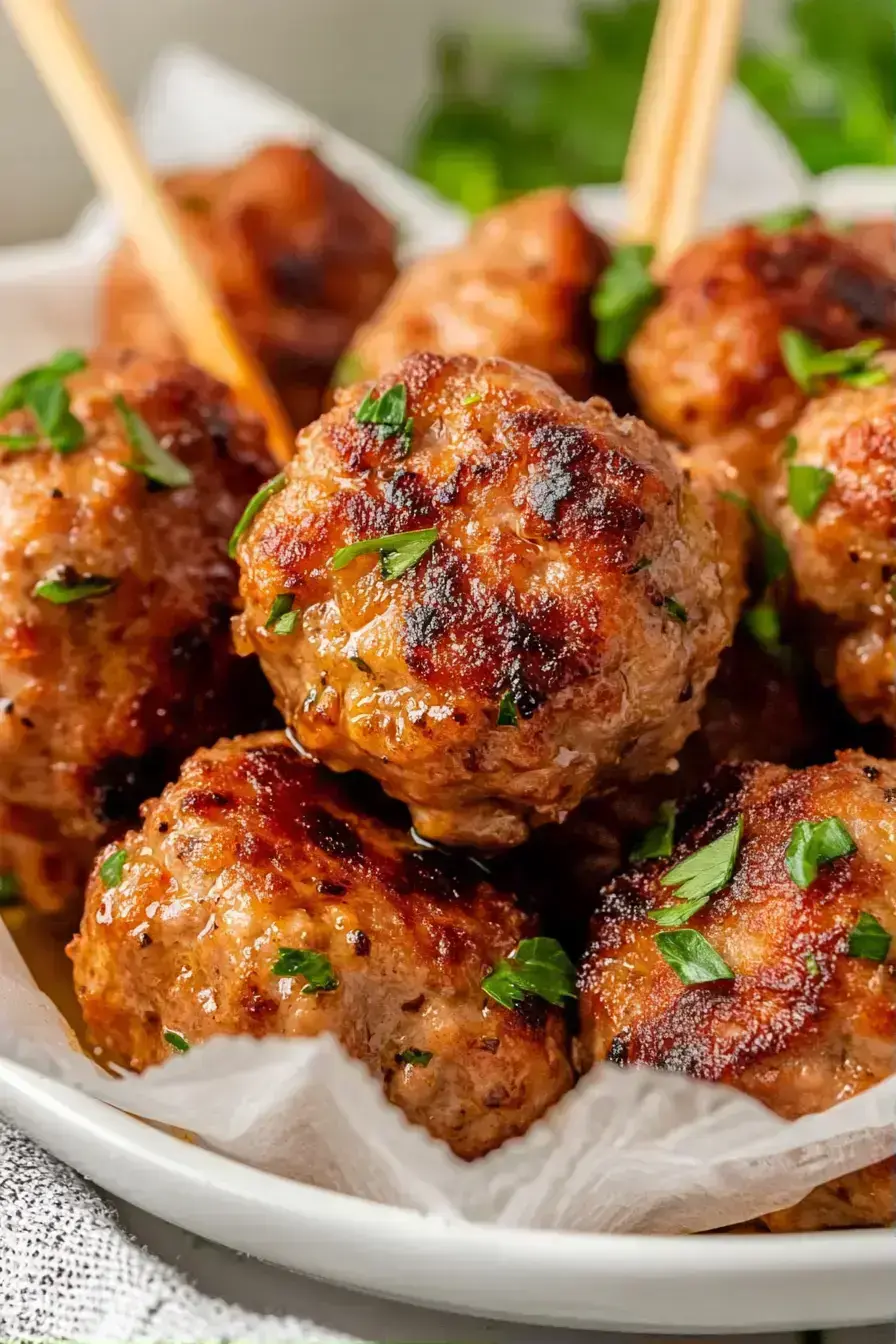 A beautifully arranged platter of homemade Meatballs with fresh herbs and pasta
