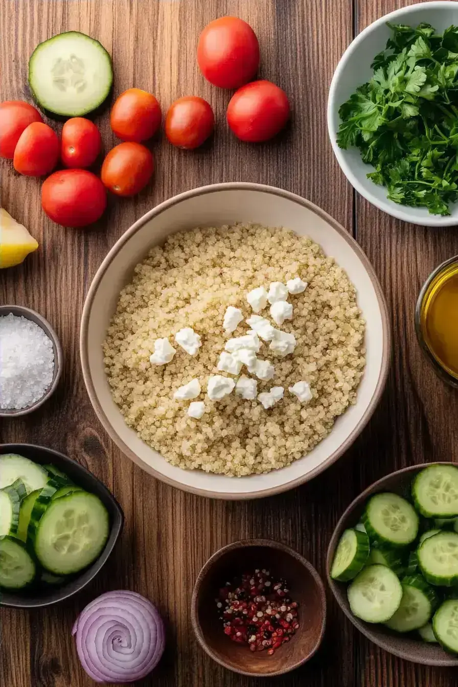 Ingredients for Mediterranean Quinoa Salad arranged beautifully