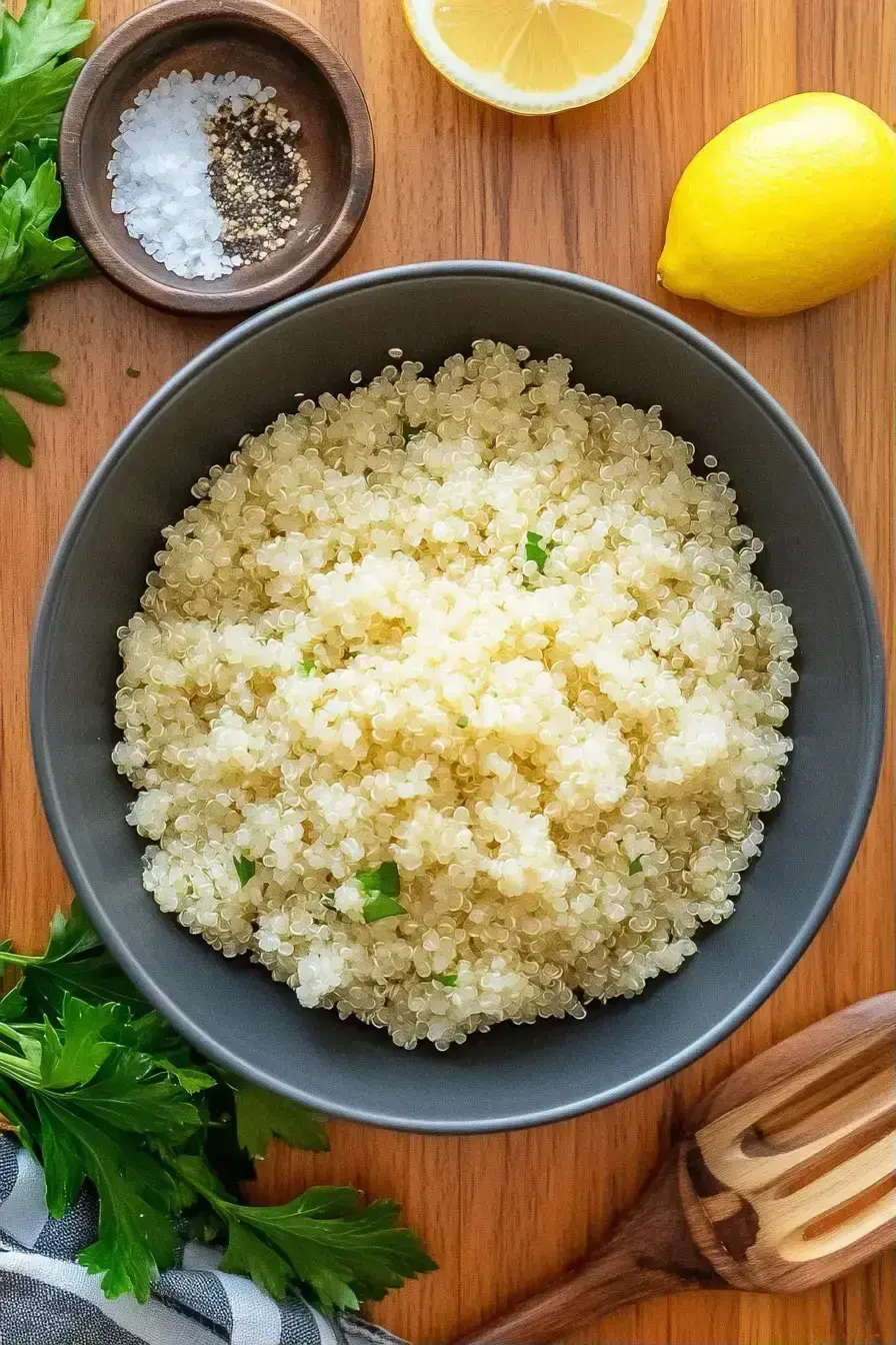 Combining ingredients for Mediterranean Quinoa Salad