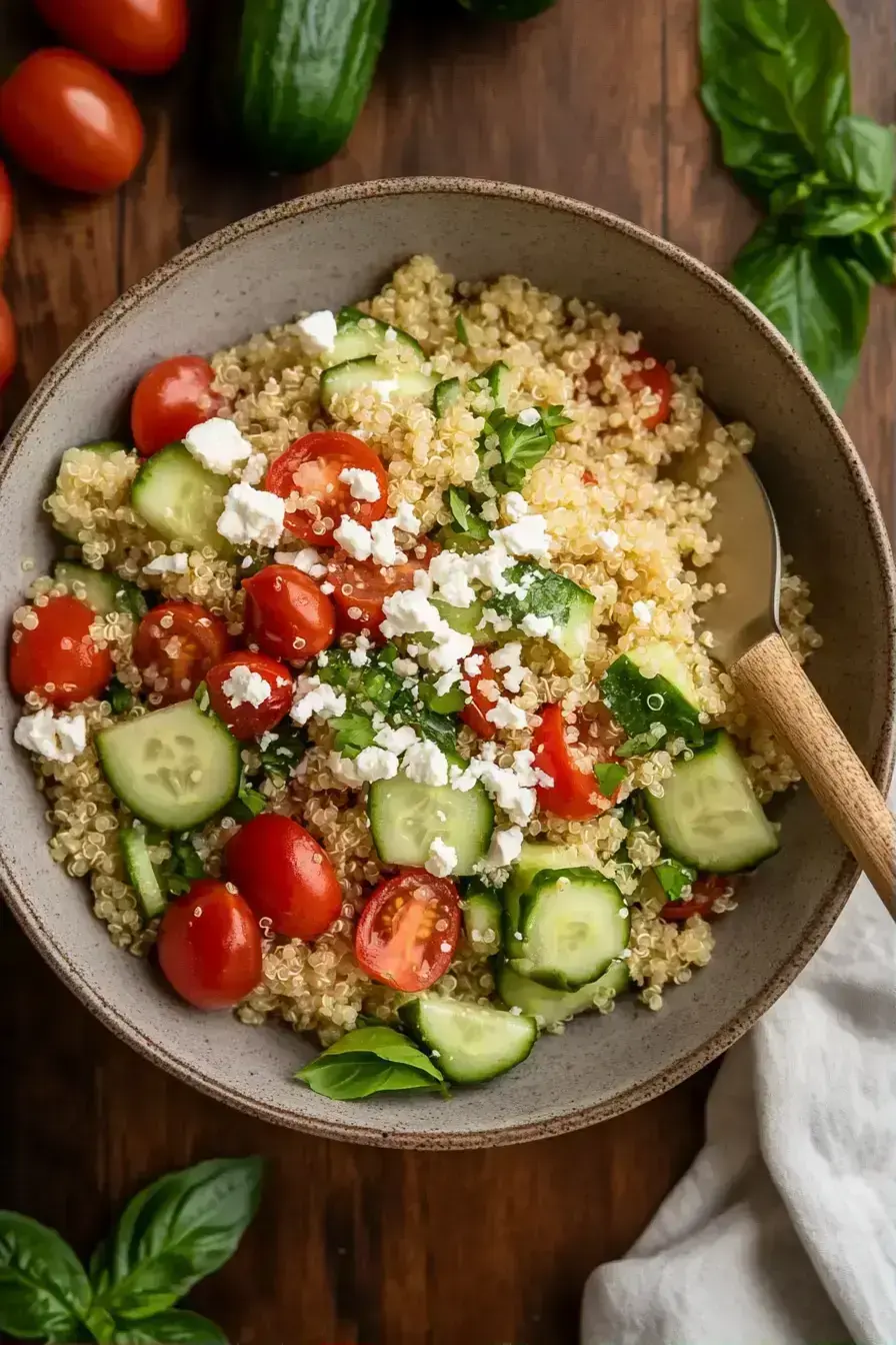 Finished Mediterranean Quinoa Salad with crumbled feta herb garnish