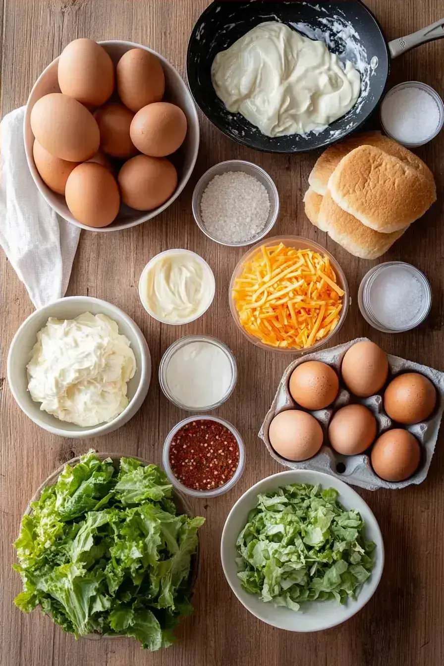 Ingredients laid out for making Mini Egg Burgers: beef, eggs, cheese, buns