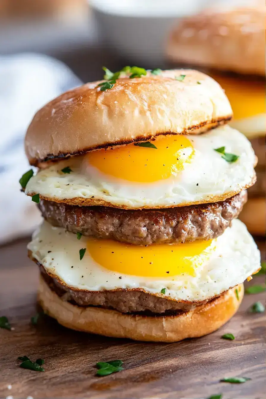 A platter of Mini Egg Burgers served with fresh fruit for a beautiful brunch spread