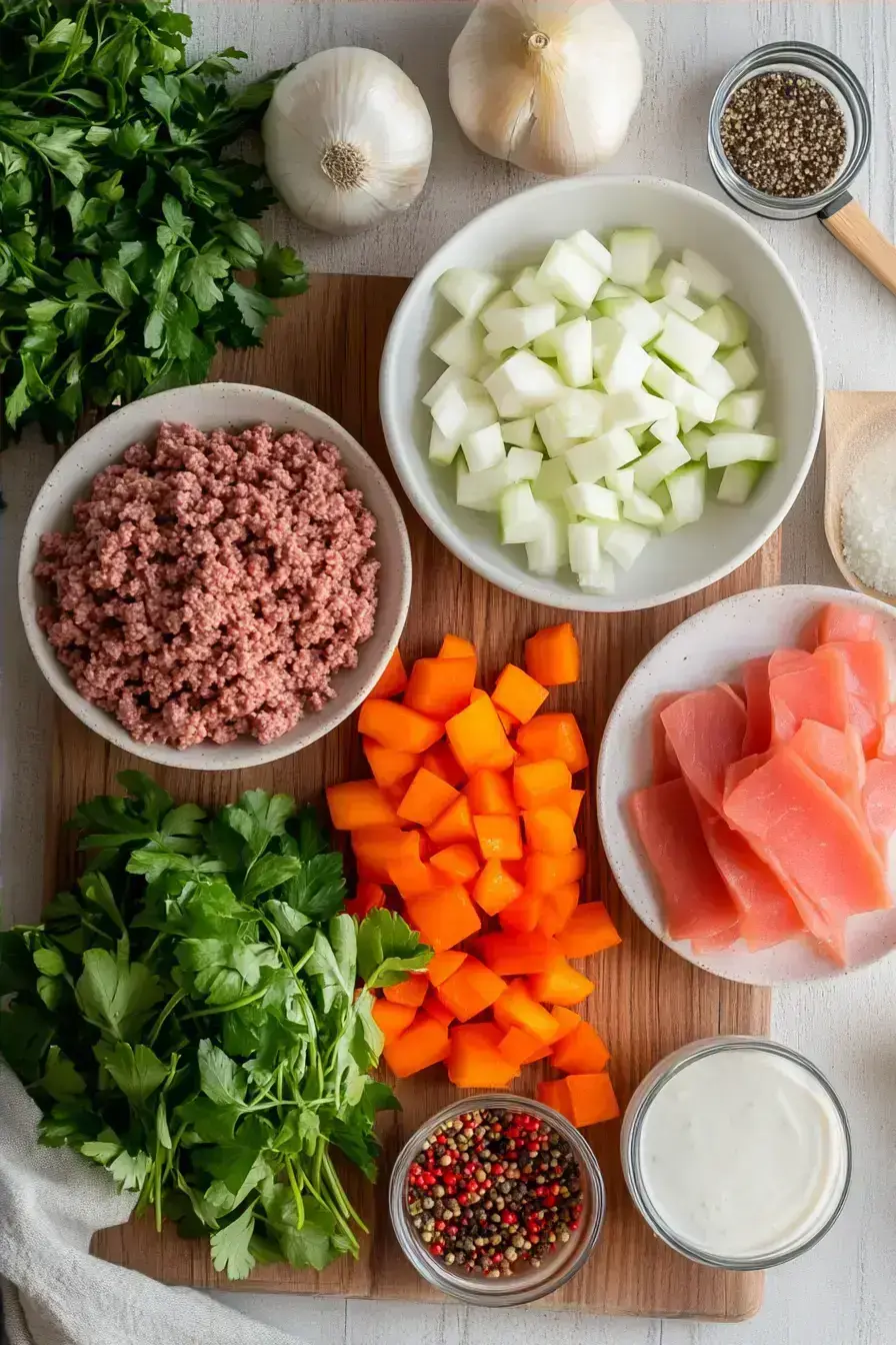 Ingredients for making savory seasoned ground beef burgers