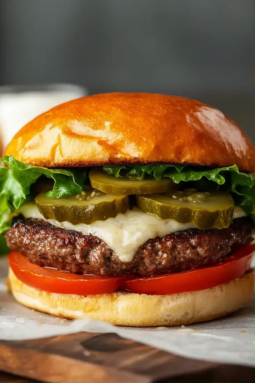 Family and friends enjoying monster burgers at a backyard gathering with side dishes