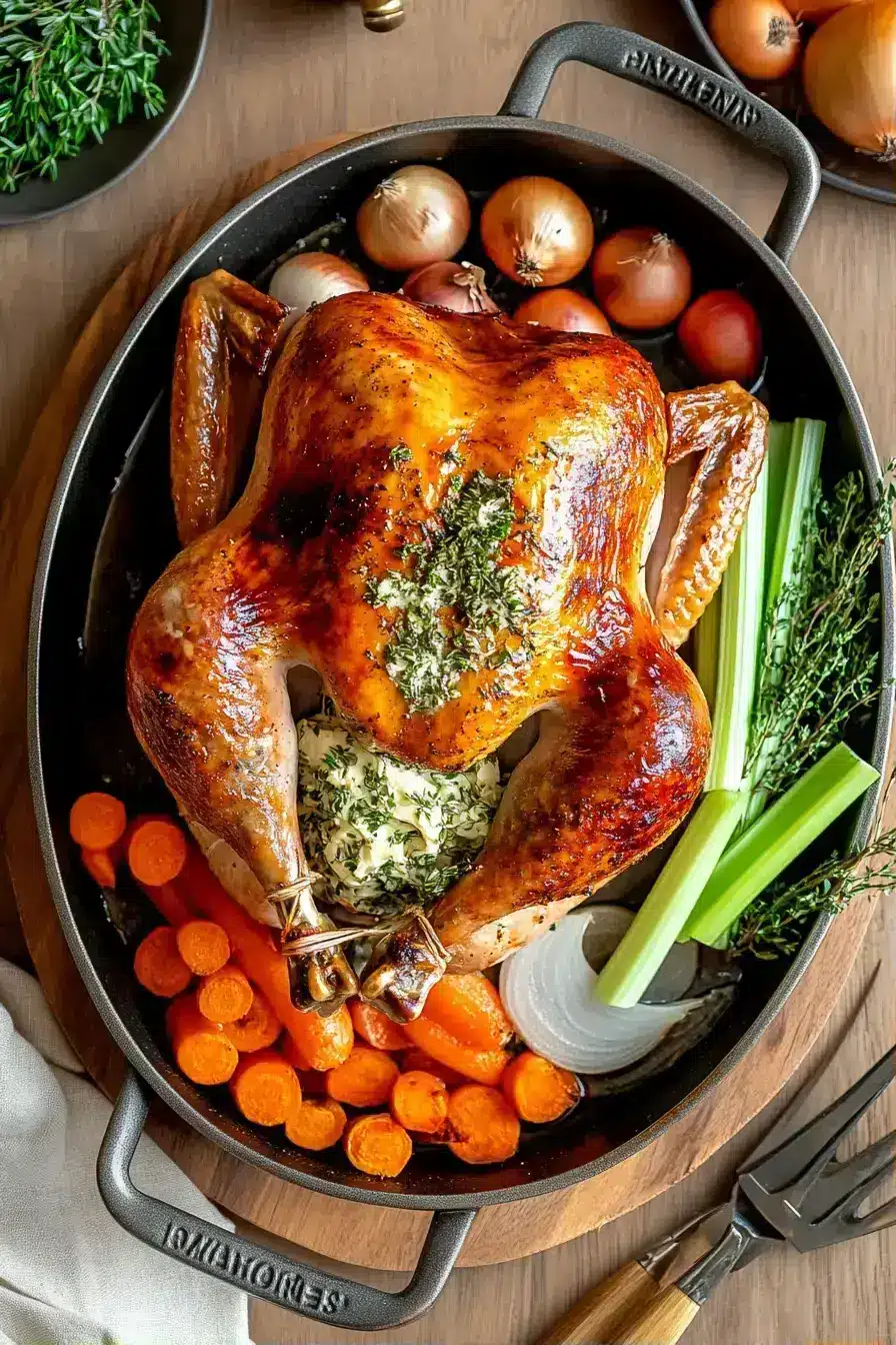 Turkey and vegetables arranged in a roasting pan for One Pan Herb Roasted Turkey
