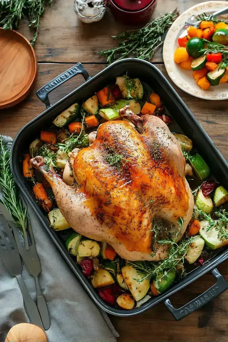 Finished One Pan Herb Roasted Turkey resting before carving