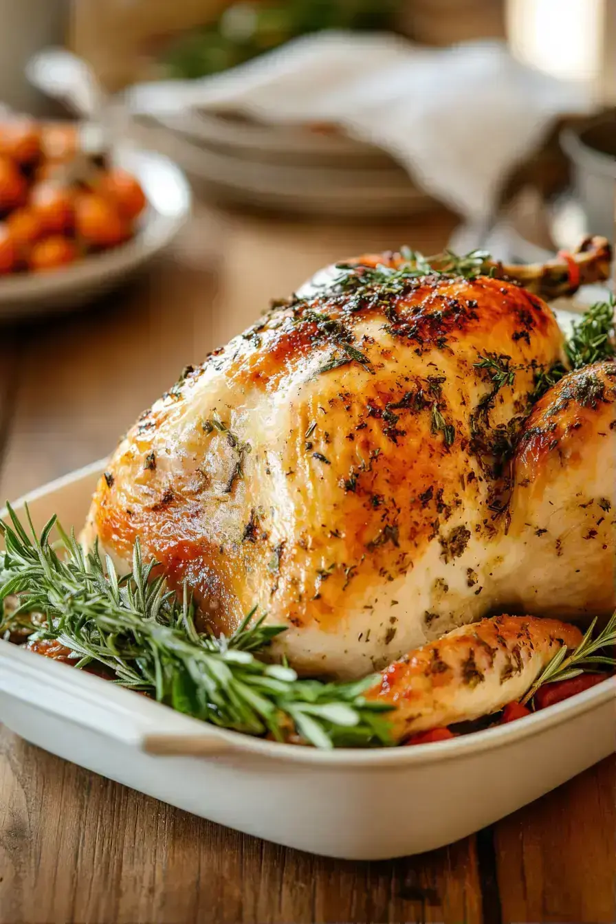 Sliced One Pan Herb Roasted Turkey garnished with fresh herbs