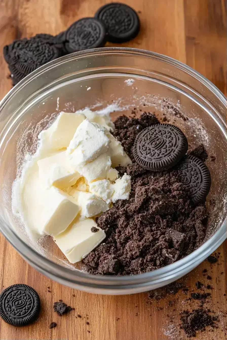 Pressing the Oreo crust mixture into a pie dish