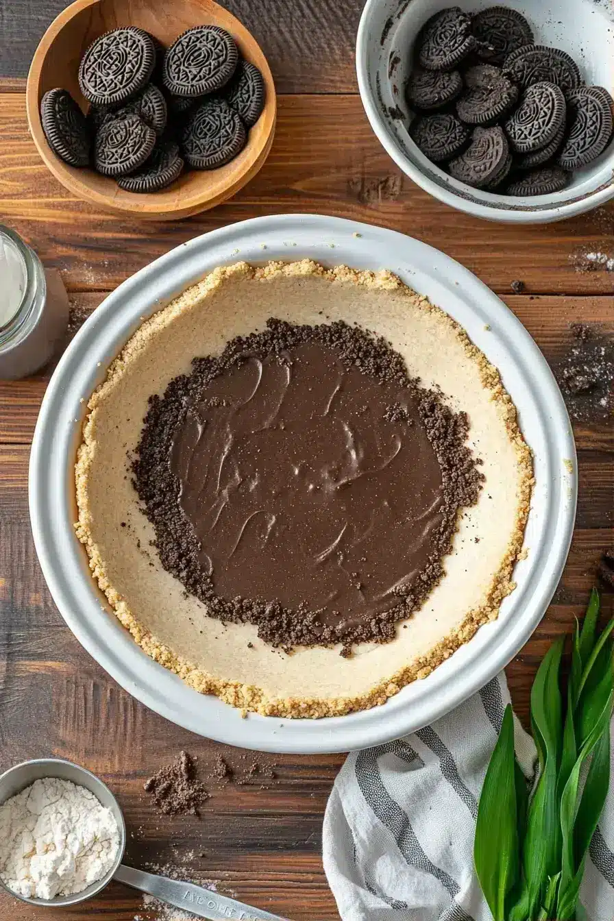 Finished golden brown Oreo pie crust cooling