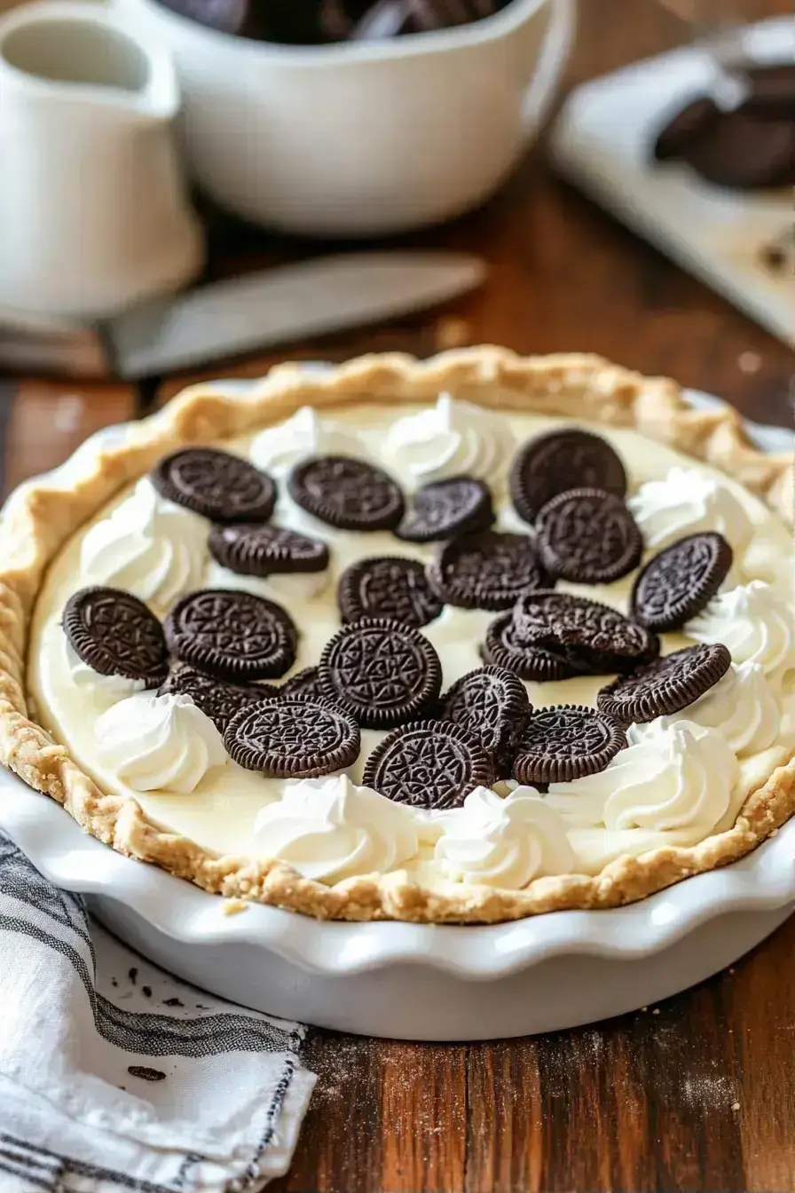 Beautifully served Oreo pie crust with fresh berries and whipped cream