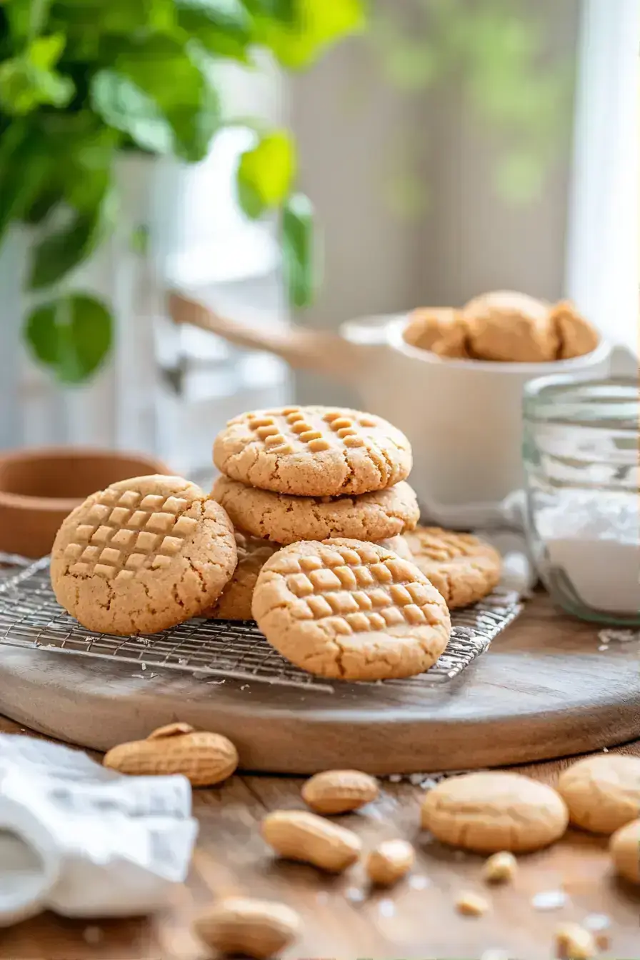 Freshly baked peanut butter cookies cooling on a wire rack
