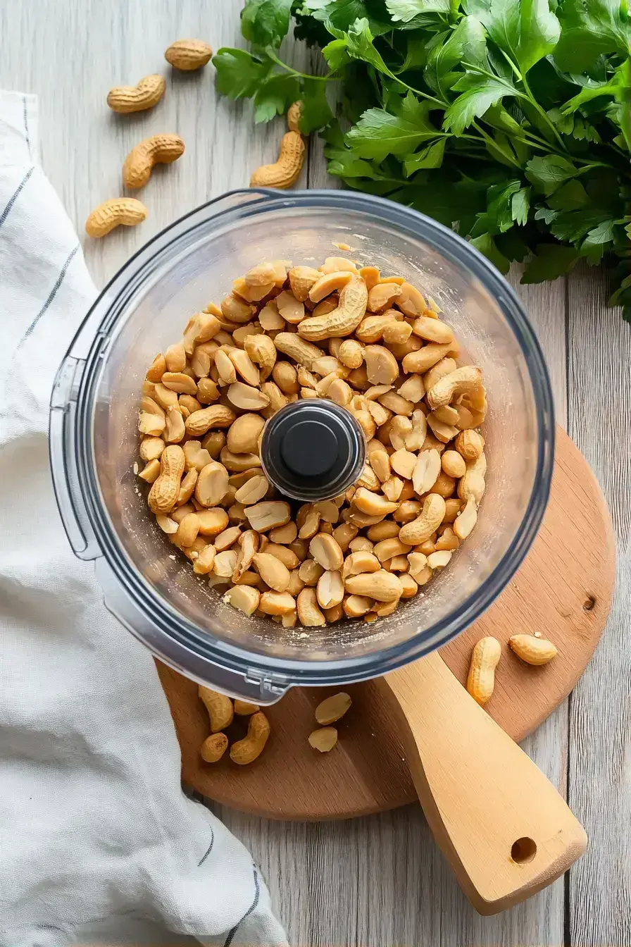 Food processor grinding peanuts into coarse meal for Peanut Butter