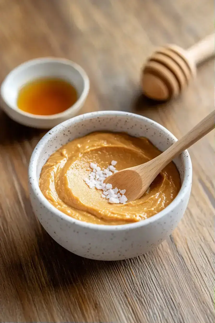 Finished homemade Peanut Butter being scooped into glass jar