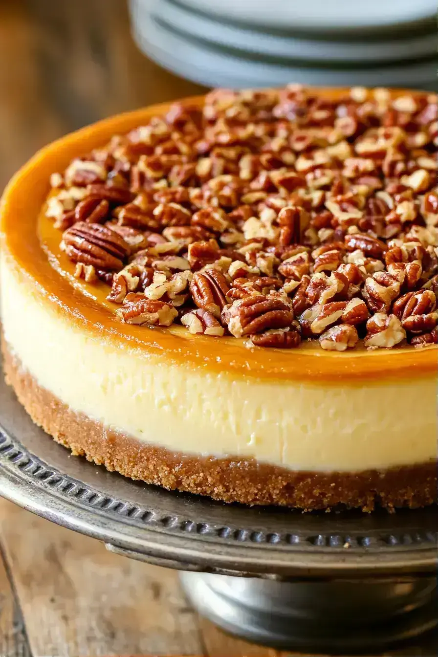 Pecan Pie Cheesecake served with caramel drizzle and whipped cream