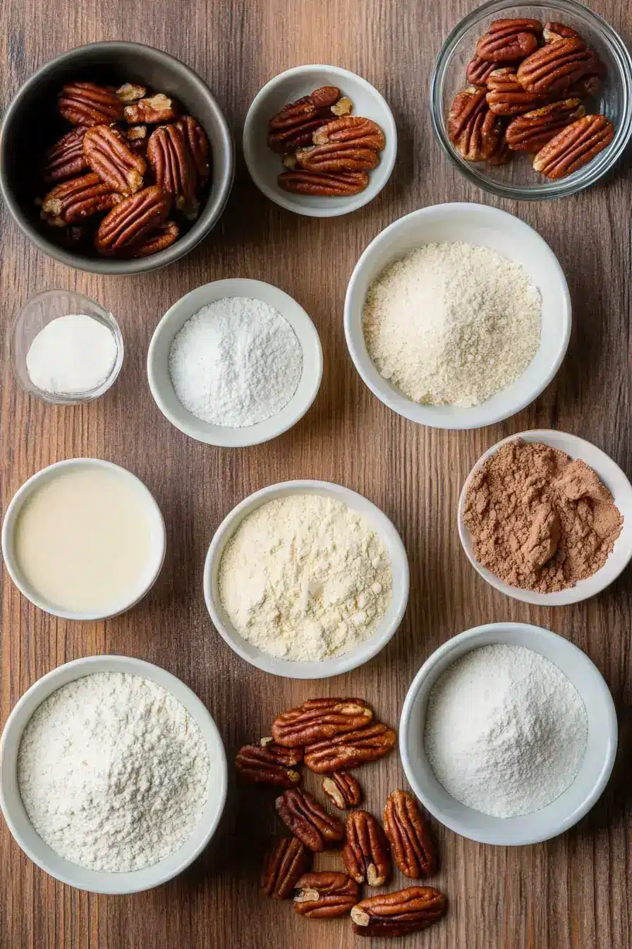 Ingredients for making a traditional pecan pie recipe lined up on a kitchen counter