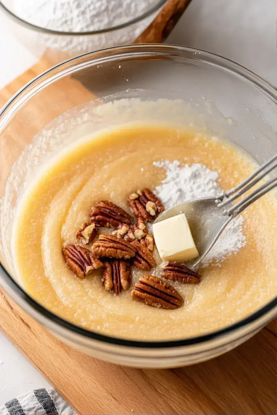 Pouring the gooey caramelized filling into a flaky pie crust for baking