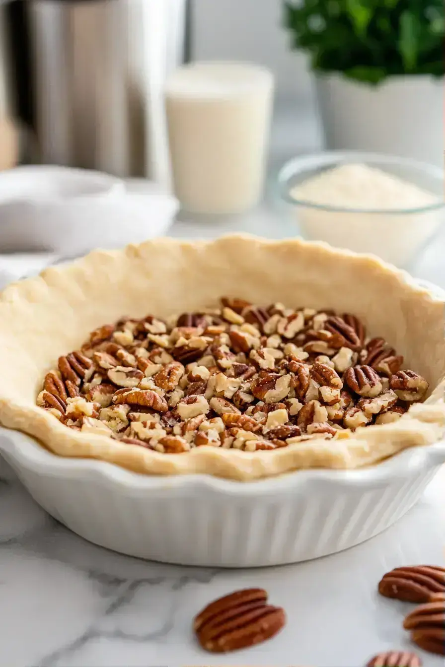 Fresh baked Southern pecan pie with pecan halves cooling on a wire rack