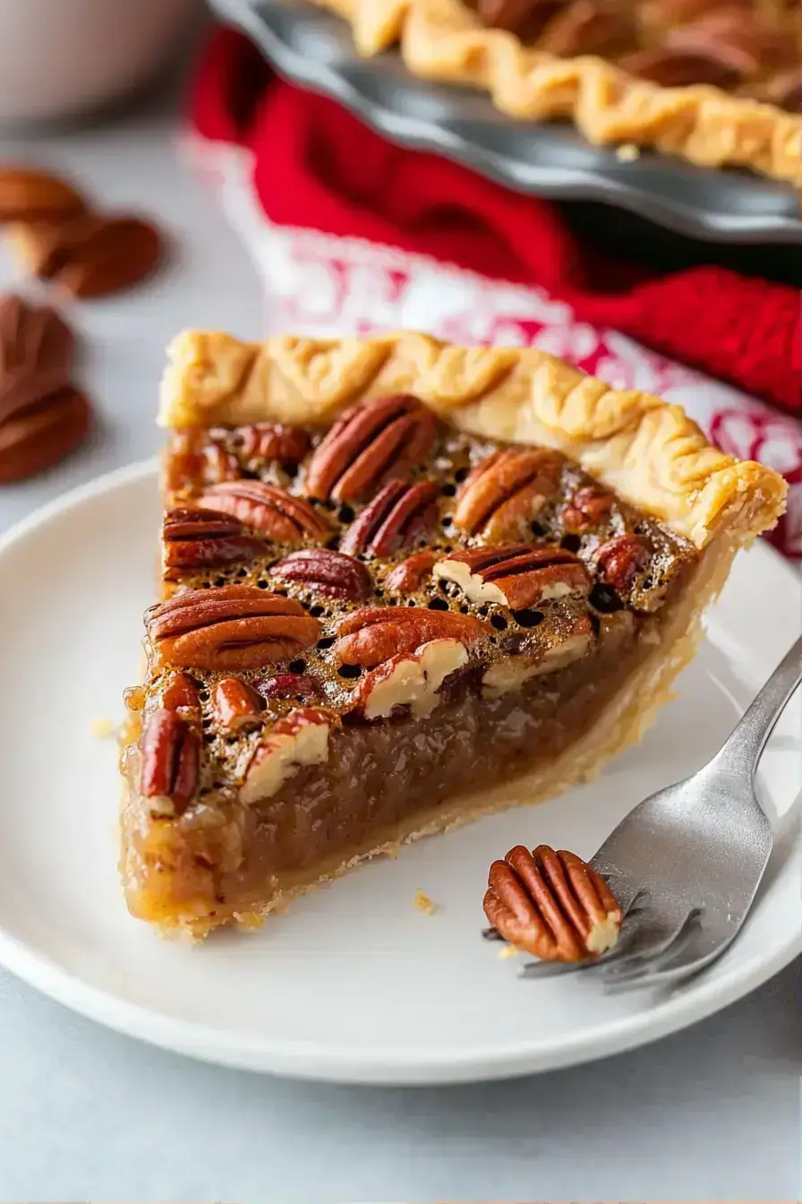 Sliced pecan pie served warm with vanilla ice cream melting on top