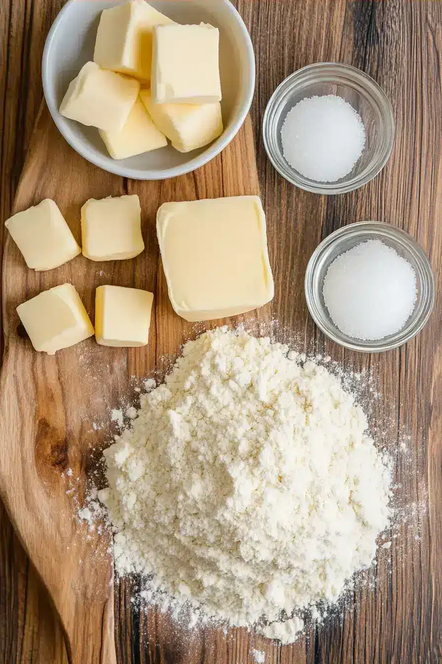 Ingredients for a flaky all-butter crust recipe arranged on a rustic kitchen counter