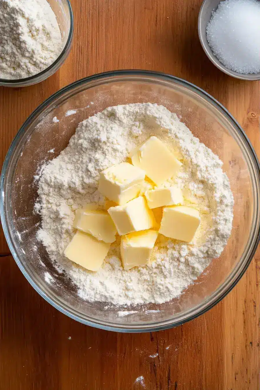 Elisson's hands cutting cold butter into flour to make a savory shortcrust with ice water