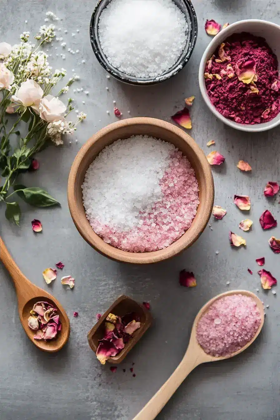 Ingredients for a homemade pink salt recipe laid out on a kitchen counter
