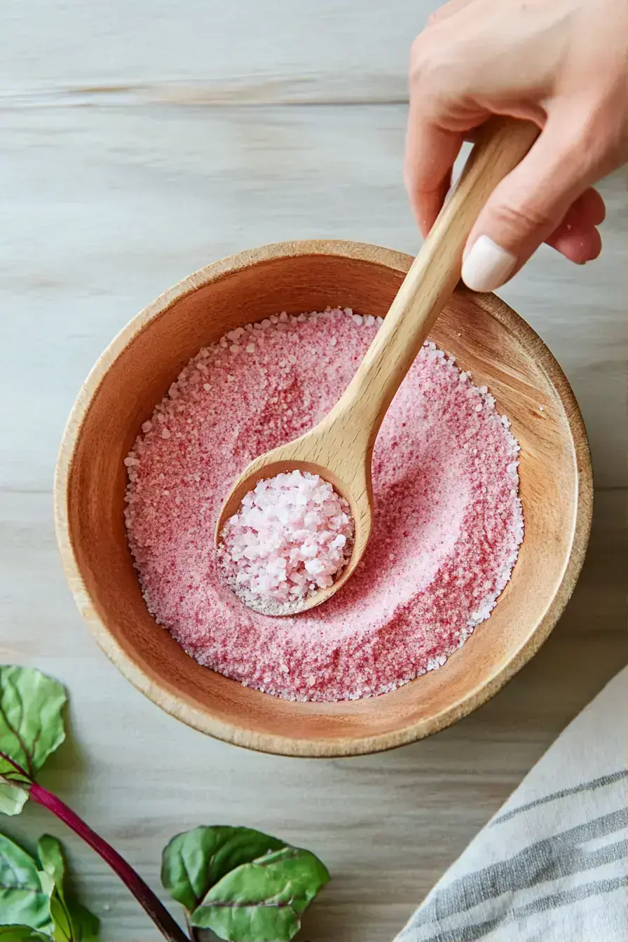 Mixing pink salt with beetroot powder in a ceramic bowl